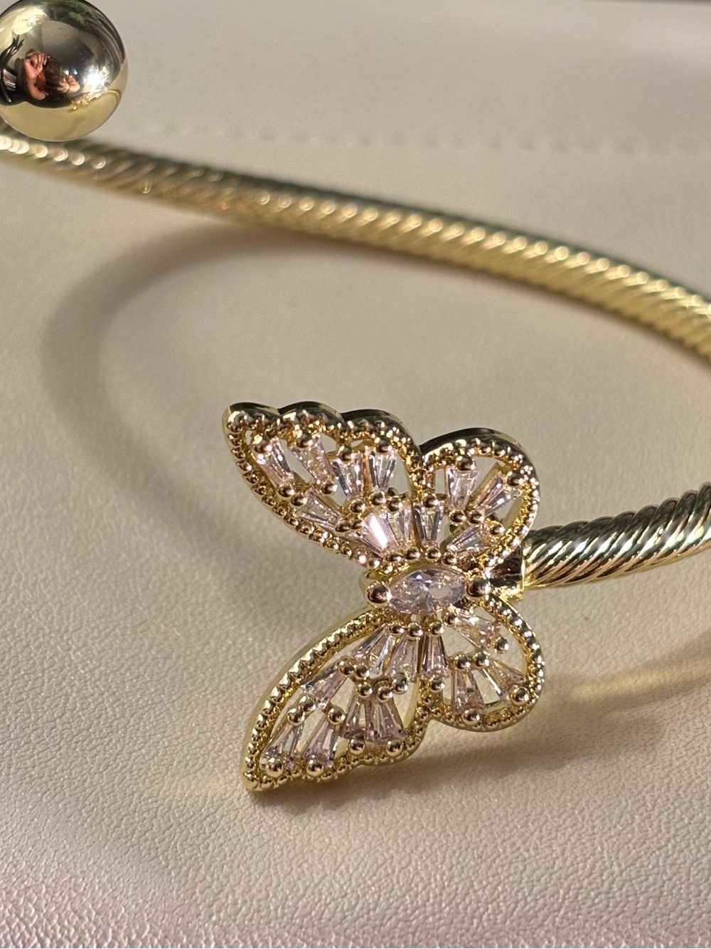 14K Gold Filled Butterfly Crystal Open Adjustable Bracelet - Women